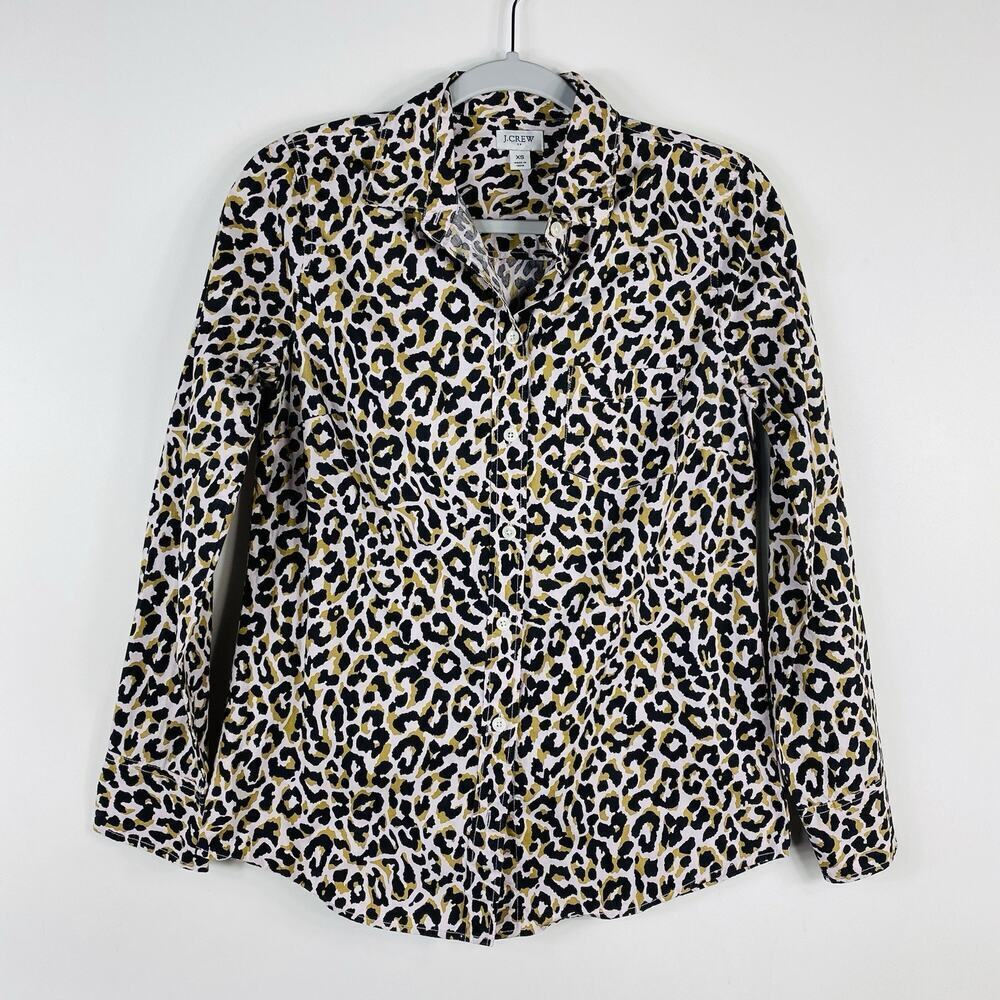 J. Crew Button Shirt Women's XS Leopard Button-Up Cotton Poplin Signature Fit